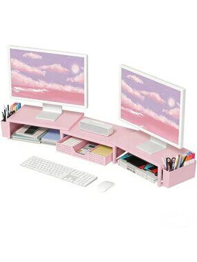 Dual Monitor Stand Riser Desk Organizer Wood Metal Shelf Drawer Storage Laptop